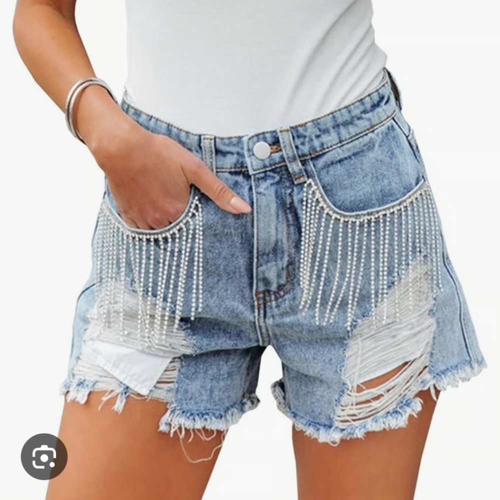 Blue B Collection~Rhinestone Fringe Distressed High Waist Denim Shorts – Size L